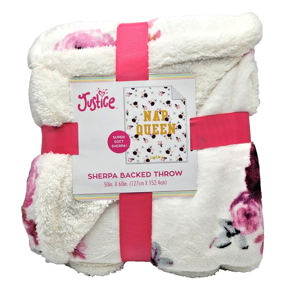 Justice Nap Queen Floral Sherpa Throw Blanket 50x60 Soft Plush Bedding Pink